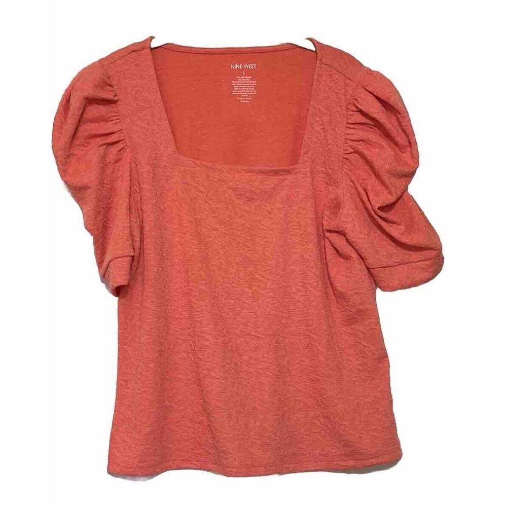 Nine West Womens Coral Blouse Square Neck Size L Puff Short Sleeve Stretch